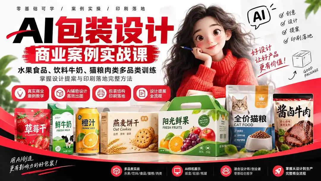 AI包装设计商业案例实战课：水果食品、饮料牛奶、猫粮肉类多品类训练，掌握设计提案与印刷落地完整方法- 0成本轻资产创业 | 虚拟项目 | 一人公司落地平台|清创生财清风筹谋网赚库