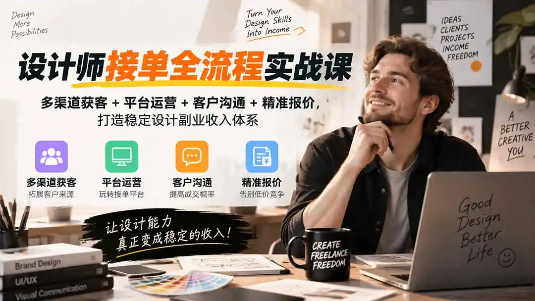设计师接单全流程实战课-无水印|多渠道获客+平台运营+客户沟通+精准报价,打造稳定设计副业收入体系- 0成本轻资产创业 | 虚拟项目 | 一人公司落地平台|清创生财清风筹谋网赚库