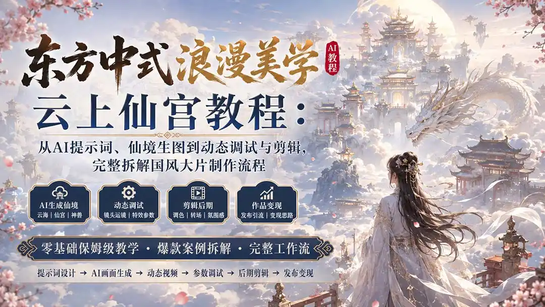 东方中式浪漫美学云上仙宫教程：从AI提示词、仙境生图到动态调试与剪辑，完整拆解国风大片制作流程- 0成本轻资产创业 | 虚拟项目 | 一人公司落地平台|清创生财清风筹谋网赚库