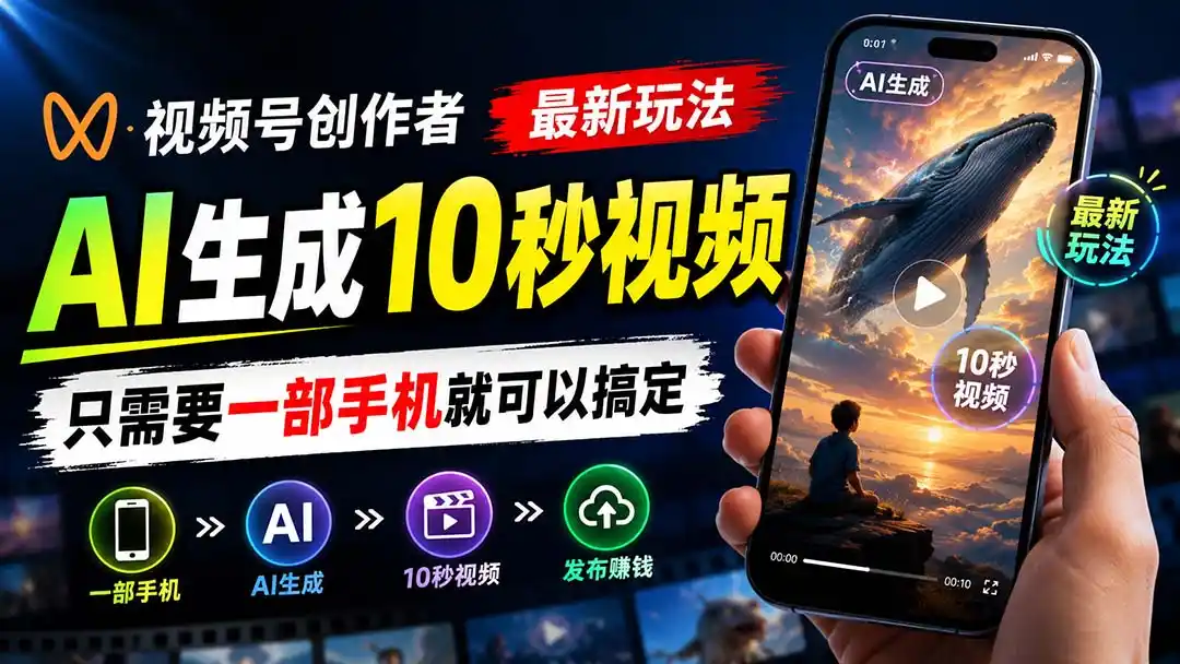 视频号创作者最新玩法,AI生成10秒视频,只需要一部手机就可以搞定- 0成本轻资产创业 | 虚拟项目 | 一人公司落地平台|清创生财清风筹谋网赚库