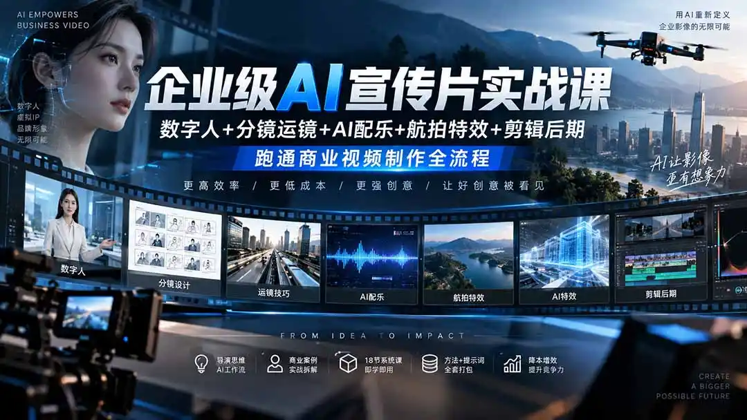 企业级AI宣传片实战课|数字人+分镜运镜+AI配乐+航拍特效+剪辑后期,跑通商业视频制作全流程- 0成本轻资产创业 | 虚拟项目 | 一人公司落地平台|清创生财清风筹谋网赚库