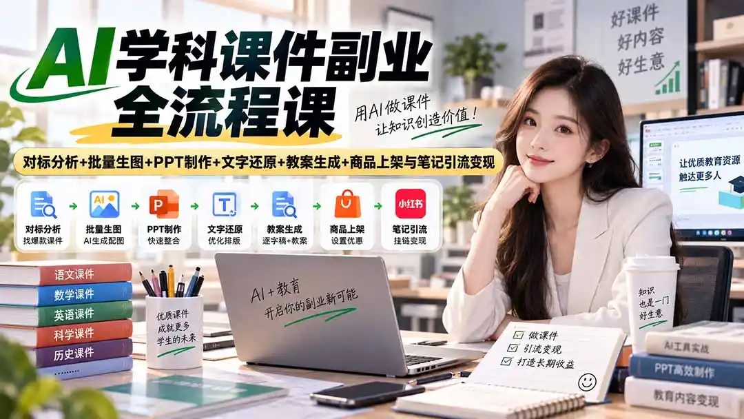 AI学科课件副业全流程课｜对标分析+批量生图+PPT制作+文字还原+教案生成+商品上架与笔记引流变现- 0成本轻资产创业 | 虚拟项目 | 一人公司落地平台|清创生财清风筹谋网赚库