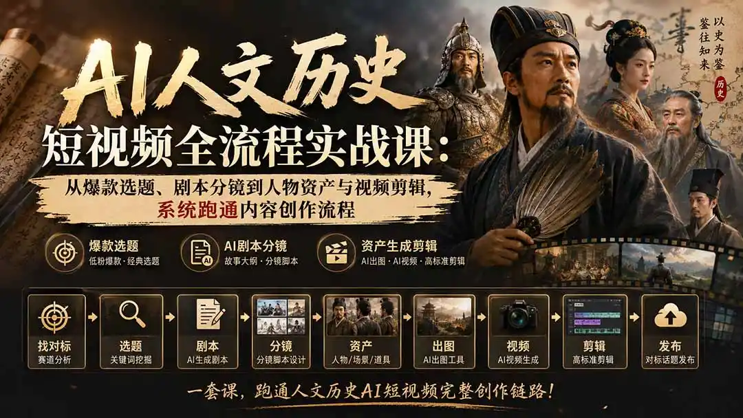 AI人文历史短视频全流程实战课-更新:从爆款选题、剧本分镜到人物资产与视频剪辑,系统跑通内容创作流程- 0成本轻资产创业 | 虚拟项目 | 一人公司落地平台|清创生财清风筹谋网赚库