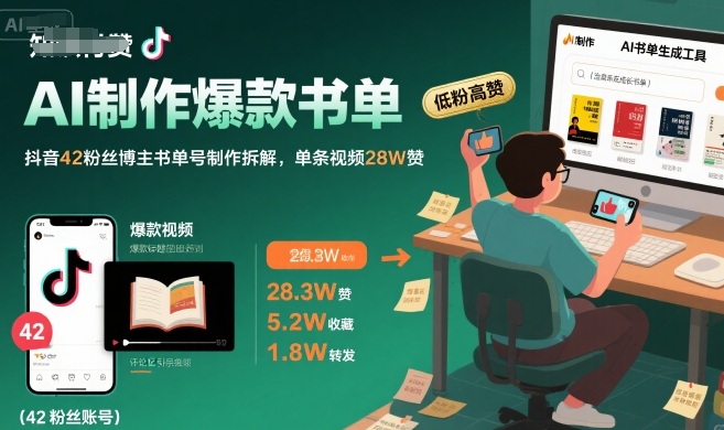 AI制作爆款书单，抖音42粉丝博主书单号制作拆解，单条视频28W赞-优优云网创优优云网创资源站