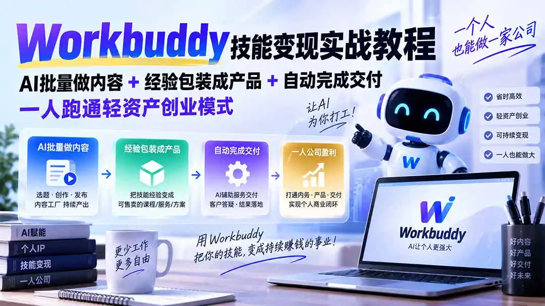 Workbuddy技能变现实战教程:AI批量做内容+经验包装成产品+自动完成交付,一人跑通轻资产创业模式- 0成本轻资产创业 | 虚拟项目 | 一人公司落地平台|清创生财清风筹谋网赚库