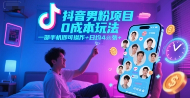 抖音男粉项目0成本玩法，一部手机即可操作，日均4张+，时间自由-优优云网创优优云网创资源站