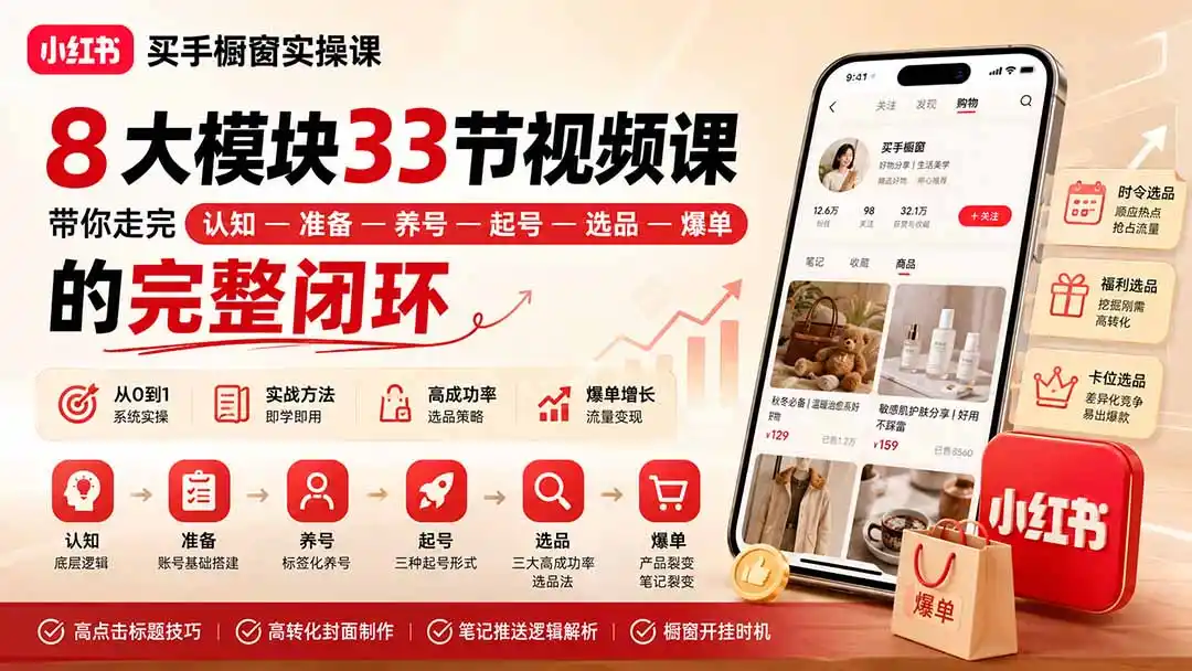 小红书买手橱窗实操课：8大模块33节视频课，带你走完”认知—准备—养号—起号—选品—爆单”的完整闭环- 0成本轻资产创业 | 虚拟项目 | 一人公司落地平台|清创生财清风筹谋网赚库