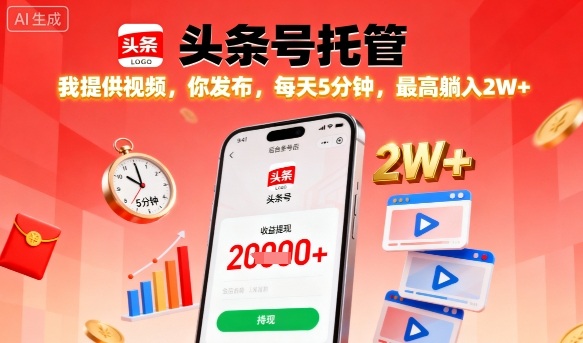 【头条号托管】我提供视频，你发布，每天5分钟，最高躺入2W+【揭秘】-优优云网创优优云网创资源站