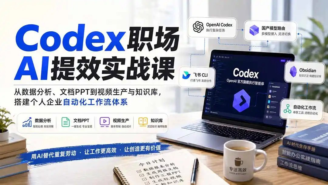Codex职场AI提效实战课:从数据分析、文档PPT到视频生产与知识库,搭建个人企业自动化工作流体系- 0成本轻资产创业 | 虚拟项目 | 一人公司落地平台|清创生财清风筹谋网赚库