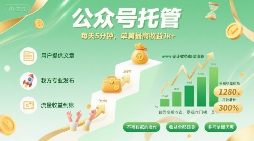 【公众号托管 】我提供文章，你发布，每天5分钟，单篇最高收益1k+【揭秘】-优优云网创优优云网创资源站