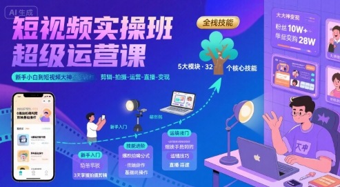 短视频实操班超级运营课，新手小白到短视频大神必修课程，剪辑-拍摄-运营-直播-变现-优优云网创优优云网创资源站