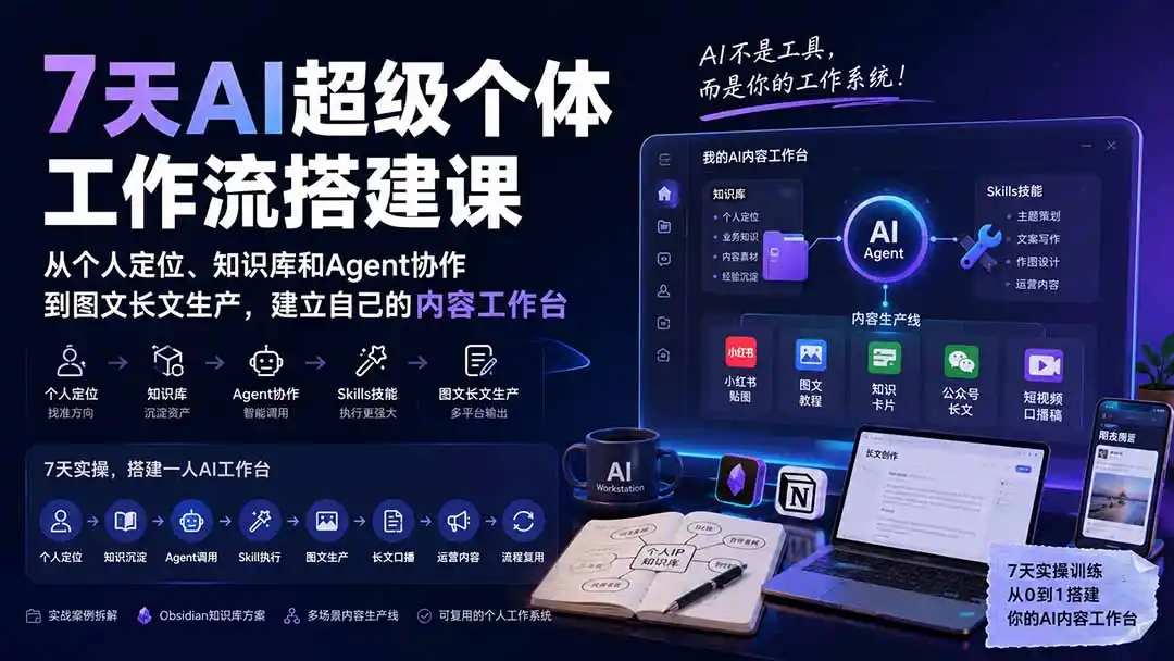 7天AI超级个体工作流搭建课:从个人定位、知识库和Agent协作到图文长文生产,建立自己的内容工作台- 0成本轻资产创业 | 虚拟项目 | 一人公司落地平台|清创生财清风筹谋网赚库