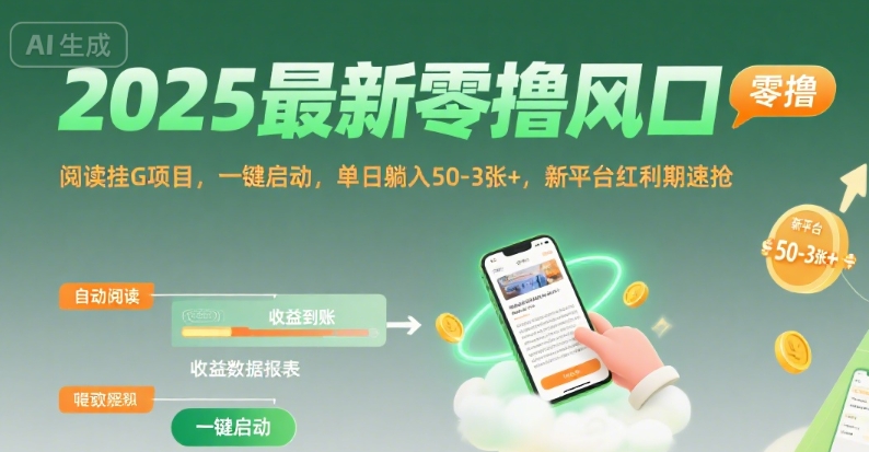 2025最新零撸风口，阅读挂G项目，一键启动，单日躺入 50-3张+，新平台红利期速抢【揭秘】-优优云网创优优云网创资源站