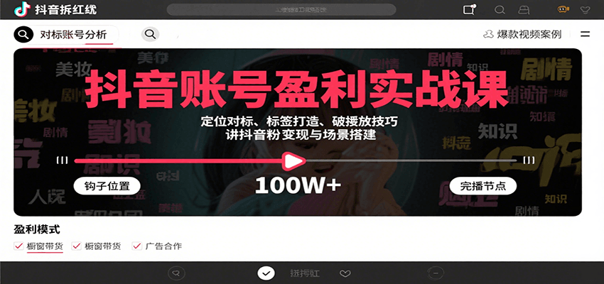 抖音账号盈利实战课，定位对标、标签打造、破播放技巧，讲涨粉变现与场景搭建-优优云网创优优云网创资源站