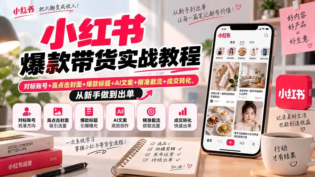 小红书爆款带货实战教程|对标账号+高点击封面+爆款标题+AI文案+精准截流+成交转化,从新手做到出单- 0成本轻资产创业 | 虚拟项目 | 一人公司落地平台|清创生财清风筹谋网赚库