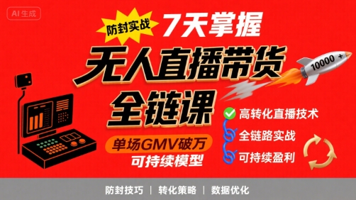 无人直播带货全链防封实战课，7天掌握高转化直播技术，实现单场GMV破万可持续模型-优优云网创优优云网创资源站