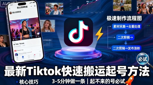最新Tiktok快速搬运快速起号方法，3-5分钟做一条，起不来的号可以试试-优优云网创优优云网创资源站