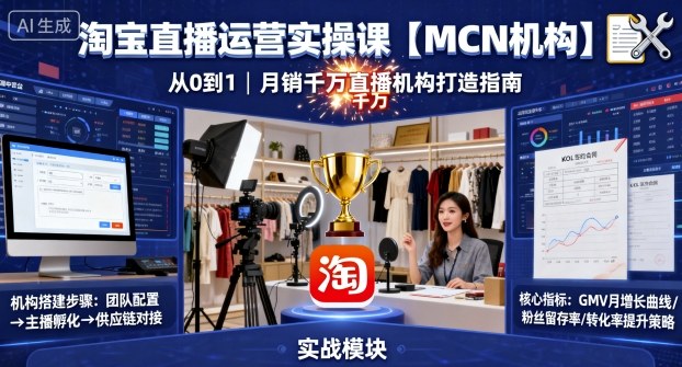 淘宝直播运营实操课【MCN机构】，从0到1做一家月销千W的直播机构-优优云网创优优云网创资源站