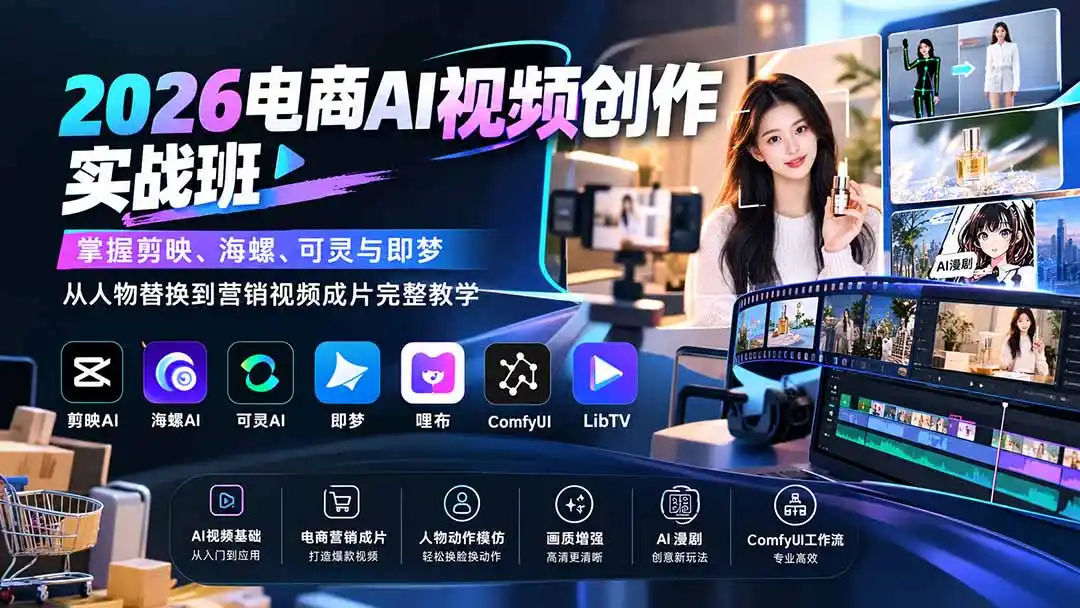 2026电商AI视频创作实战班:掌握剪映、海螺、可灵与即梦,从人物替换到营销视频成片完整教学- 0成本轻资产创业 | 虚拟项目 | 一人公司落地平台|清创生财清风筹谋网赚库
