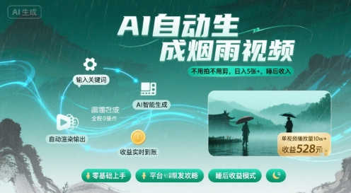 不用拍不用剪！AI自动生成烟雨视频，日入5张+，睡后收入-优优云网创优优云网创资源站