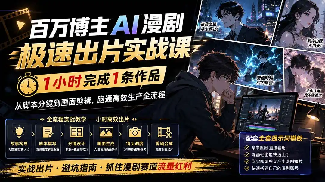百万博主AI漫剧极速出片实战课：1小时产出条作品，从脚本分镜到画面剪辑，跑通高效生产全流程- 0成本轻资产创业 | 虚拟项目 | 一人公司落地平台|清创生财清风筹谋网赚库
