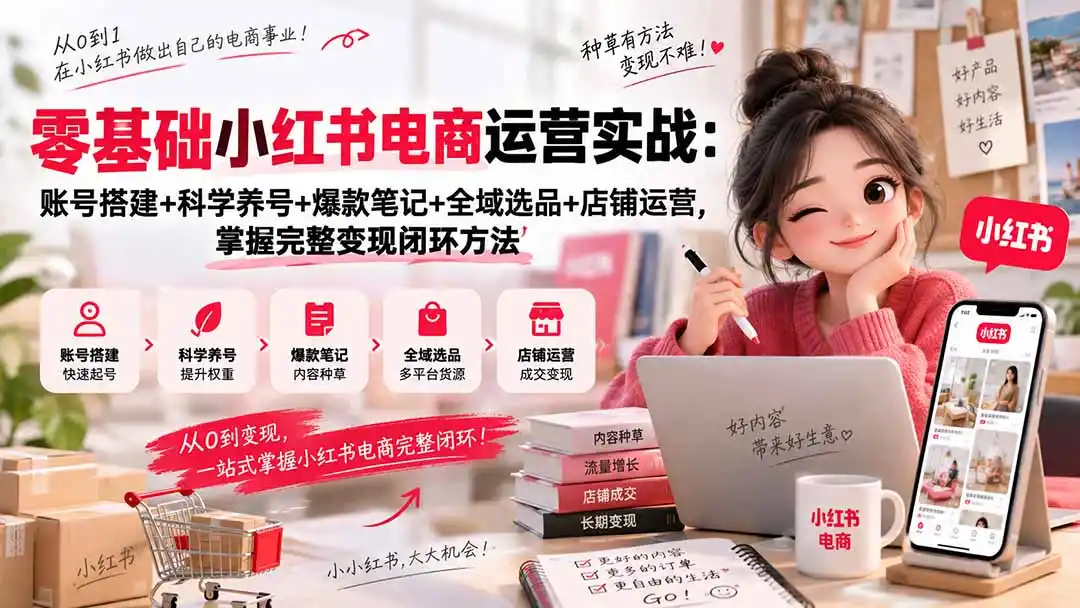 零基础小红书电商运营实战：账号搭建+科学养号+爆款笔记+全域选品+店铺运营，掌握完整变现闭环方法- 0成本轻资产创业 | 虚拟项目 | 一人公司落地平台|清创生财清风筹谋网赚库