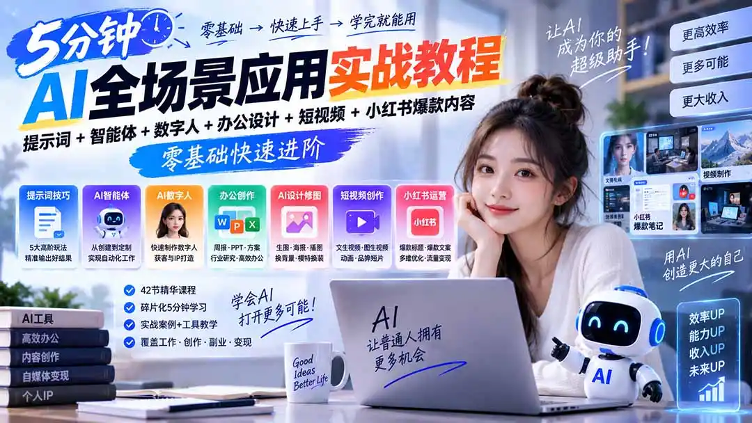 AI全场景应用实战教程|提示词+智能体+数字人+办公设计+短视频+小红书爆款内容,零基础快速进阶- 0成本轻资产创业 | 虚拟项目 | 一人公司落地平台|清创生财清风筹谋网赚库