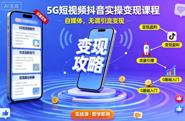 5G短视频抖音实操变现课程，自媒体，无谓引流变现-优优云网创优优云网创资源站