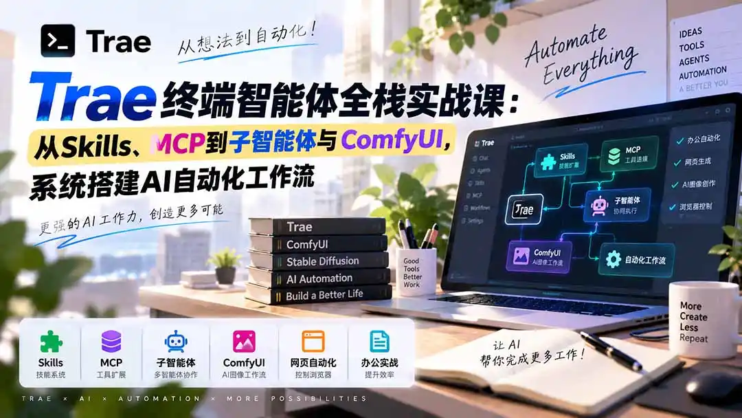 Trae终端智能体全栈实战课:从Skills、MCP到子智能体与ComfyUI,系统搭建AI自动化工作流- 0成本轻资产创业 | 虚拟项目 | 一人公司落地平台|清创生财清风筹谋网赚库