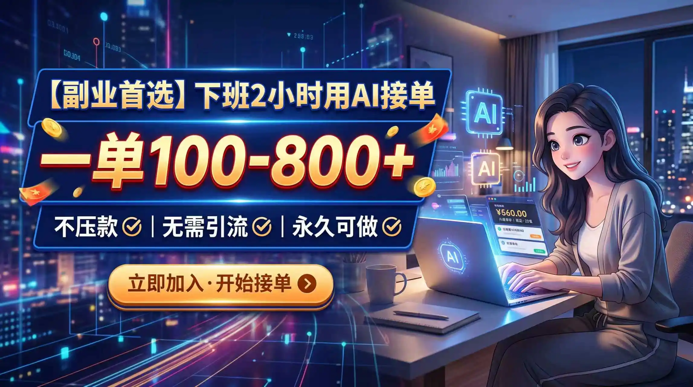 下班2小时用AI接单，一单100-800+，不压款，无需引流，永久可做- 0成本轻资产创业 | 虚拟项目 | 一人公司落地平台|清创生财清风筹谋网赚库