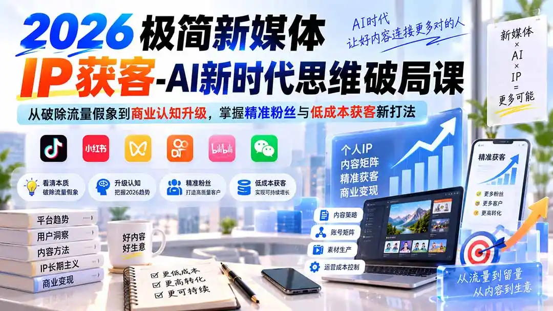 2026极简新媒体IP获客-AI新时代思维破局课:从破除流量假象到商业认知升级,掌握精准粉丝与低成本获客新打法- 0成本轻资产创业 | 虚拟项目 | 一人公司落地平台|清创生财清风筹谋网赚库