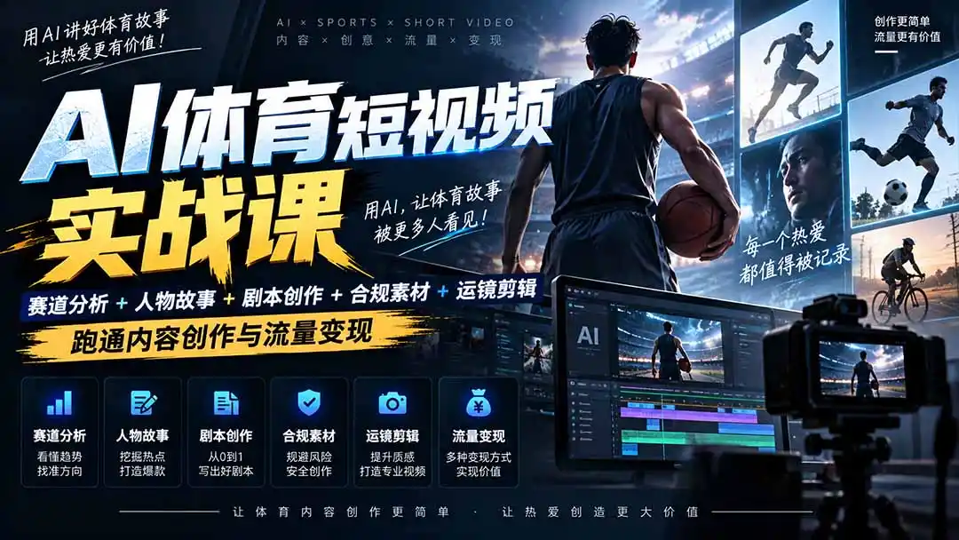 AI体育短视频赛道顶级玩法｜赛道分析+人物故事+剧本创作+版权处理+运镜剪辑，跑通流量变现-日赚1K+- 0成本轻资产创业 | 虚拟项目 | 一人公司落地平台|清创生财清风筹谋网赚库