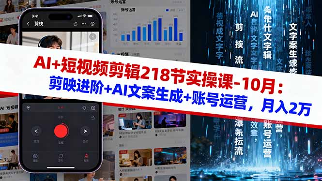 AI+短视频剪辑218节实操课-10月:剪映进阶+AI文案生成+账号运营,月入2万-优优云网创