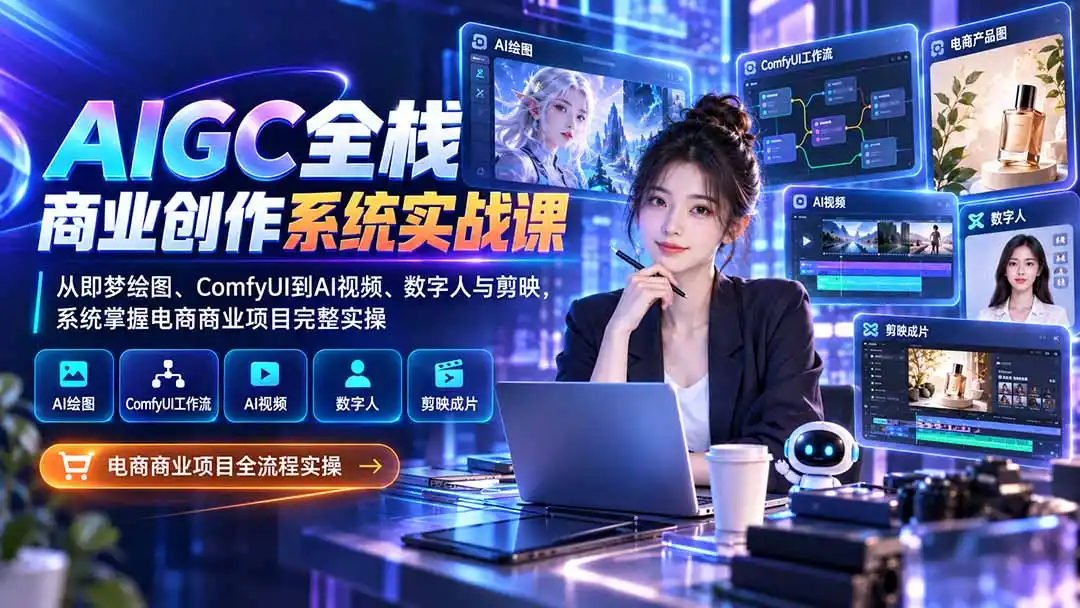 AIGC全栈商业创作系统实战课：从即梦绘图、ComfyUI到AI视频、数字人与剪映，系统掌握电商商业项目完整实操- 0成本轻资产创业 | 虚拟项目 | 一人公司落地平台|清创生财清风筹谋网赚库