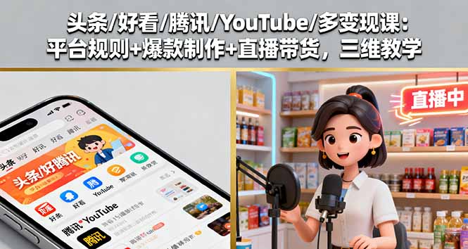 头条/好看/腾讯/YouTube/多变现课：平台规则+爆款制作+直播带货，三维教学-优优云网创优优云网创资源站