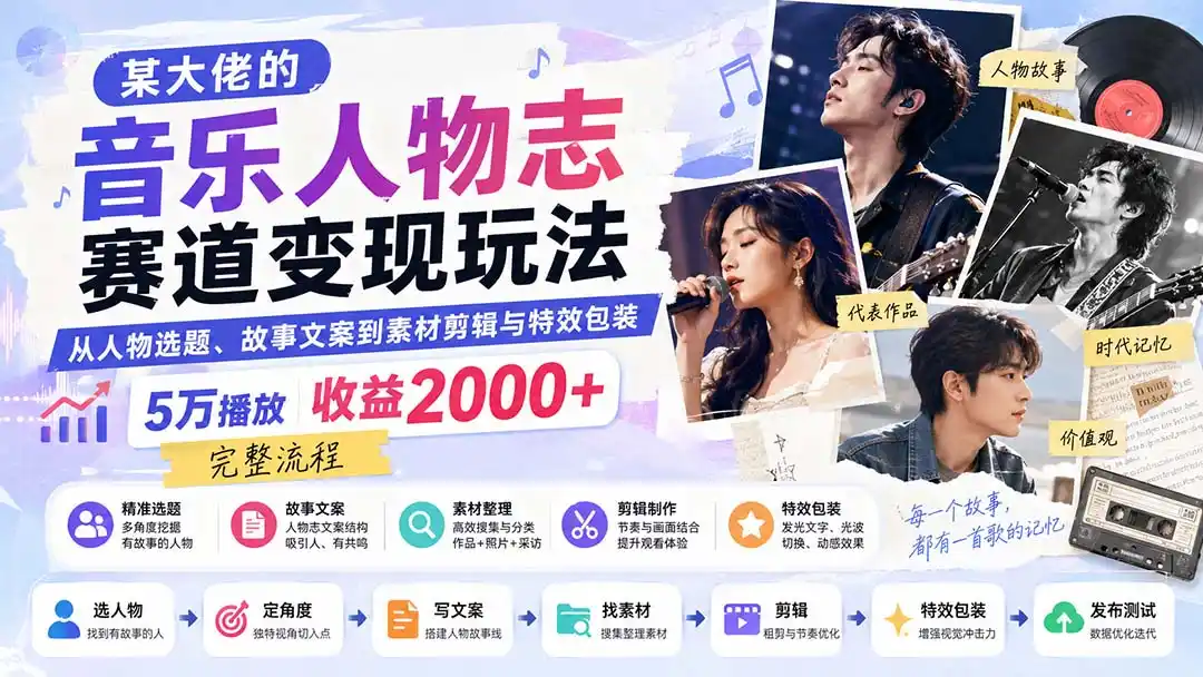 某大佬的音乐人物志赛道变现玩法:从人物选题、故事文案到素材剪辑与特效包装,5万播放收益2000+完整流程- 0成本轻资产创业 | 虚拟项目 | 一人公司落地平台|清创生财清风筹谋网赚库