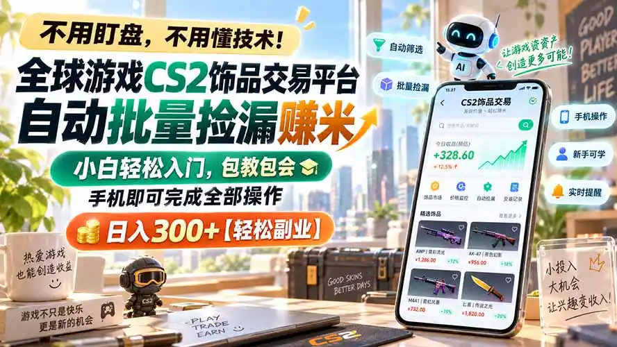 全球游戏CS2饰品交易平台自动批量捡漏赚米,小白轻松入门,包教包会,手机即可完成全部操作,日入300+【轻松副业】- 0成本轻资产创业 | 虚拟项目 | 一人公司落地平台|清创生财清风筹谋网赚库