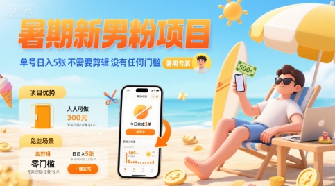 暑期新男粉项目 单号日入5张 不需要剪辑 没有任何门槛-优优云网创优优云网创资源站