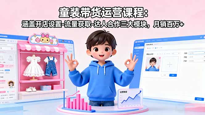 童装带货运营课程：涵盖开店设置-流量获取-达人合作三大模块，月销百万+-优优云网创优优云网创资源站