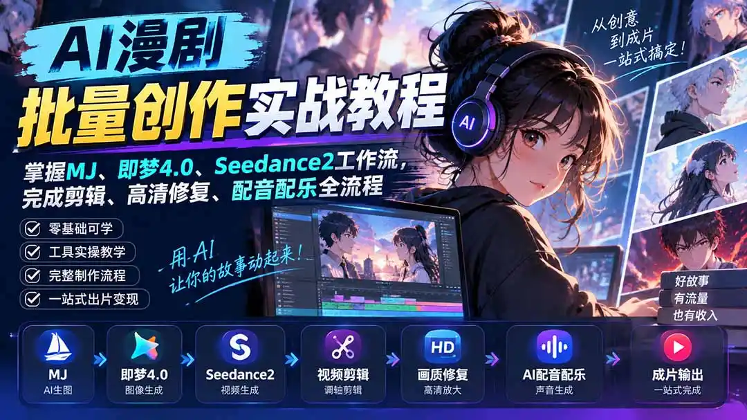 AI漫剧批量创作实战教程：掌握MJ、即梦4.0、Seedance2工作流，完成剪辑、高清修复、配音配乐全流程- 0成本轻资产创业 | 虚拟项目 | 一人公司落地平台|清创生财清风筹谋网赚库