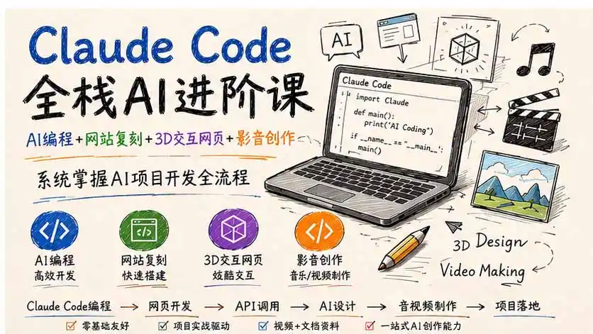 Claude Code全栈AI进阶课;AI编程+网站复刻+3D交互网页+影音创作,系统掌握AI项目开发全流程- 0成本轻资产创业 | 虚拟项目 | 一人公司落地平台|清创生财清风筹谋网赚库