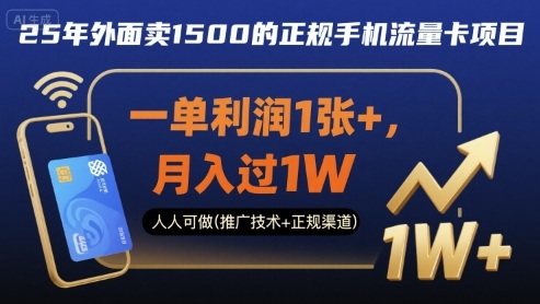 25年外面卖1500的正规手机流量卡项目，一单利润1张+，月入过1W，人人可做(推广技术+正规渠道)【揭秘】-优优云网创优优云网创资源站