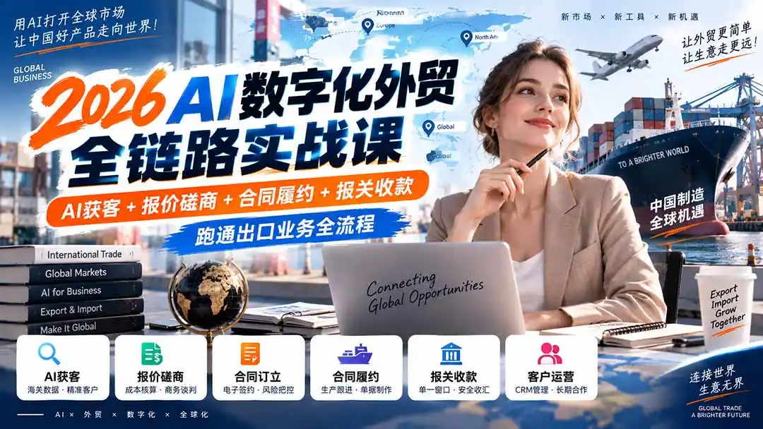 2026AI数字化外贸全链路实战课:AI获客+报价磋商+合同履约+报关收款,跑通出口业务全流程- 0成本轻资产创业 | 虚拟项目 | 一人公司落地平台|清创生财清风筹谋网赚库