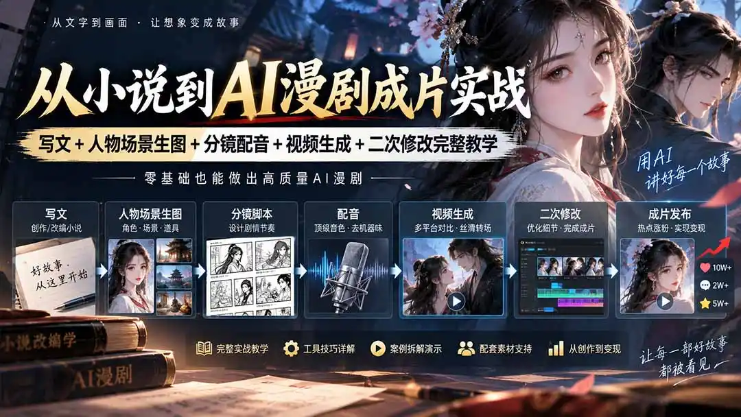 从小说到AI漫剧成片实战:写文+人物场景生图+分镜配音+视频生成+二次修改完整教学- 0成本轻资产创业 | 虚拟项目 | 一人公司落地平台|清创生财清风筹谋网赚库