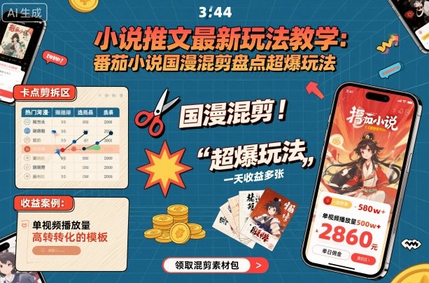 小说推文最新玩法教学，番茄小说国漫混剪盘点超爆玩法，全程干货，一天收益多张-优优云网创