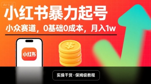 小红书暴力起号，小众赛道，0基础0成本，月入1w-优优云网创优优云网创资源站