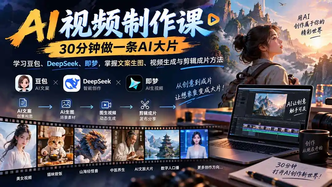 AI视频制作课-30分钟做一条AI大片：学习豆包、DeepSeek、即梦，掌握文案生图、视频生成与剪辑成片方法- 0成本轻资产创业 | 虚拟项目 | 一人公司落地平台|清创生财清风筹谋网赚库