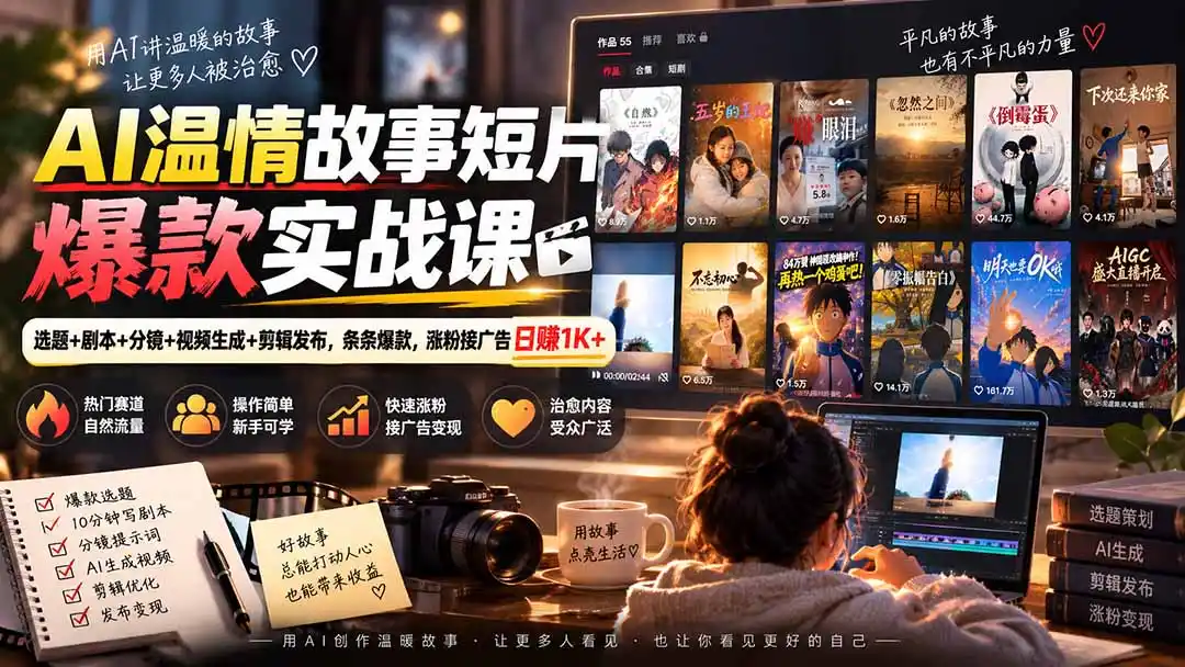 AI温情故事短片爆款实战课-更新|选题+剧本+分镜+视频生成+剪辑发布,条条爆款,涨粉接广告日赚1K+- 0成本轻资产创业 | 虚拟项目 | 一人公司落地平台|清创生财清风筹谋网赚库