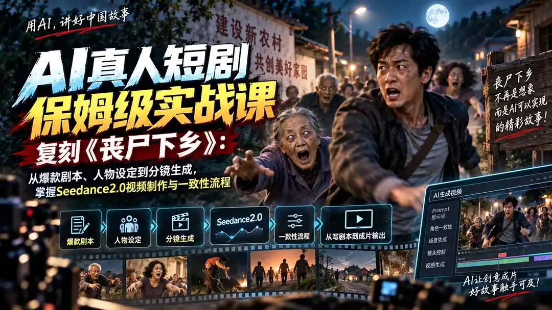 AI真人短剧保姆级实战课,复刻《丧尸下乡》:从爆款剧本、人物设定到分镜生成,掌握Seedance2.0视频制作与一致性流程- 0成本轻资产创业 | 虚拟项目 | 一人公司落地平台|清创生财清风筹谋网赚库
