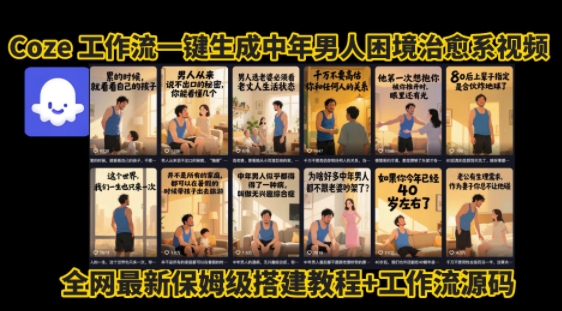 coze工作流一键生成”中年男人困境扎心高涨粉高播放量图文视频”保姆级拆解教程，无需剪辑，无需拍摄写文案-优优云网创优优云网创资源站